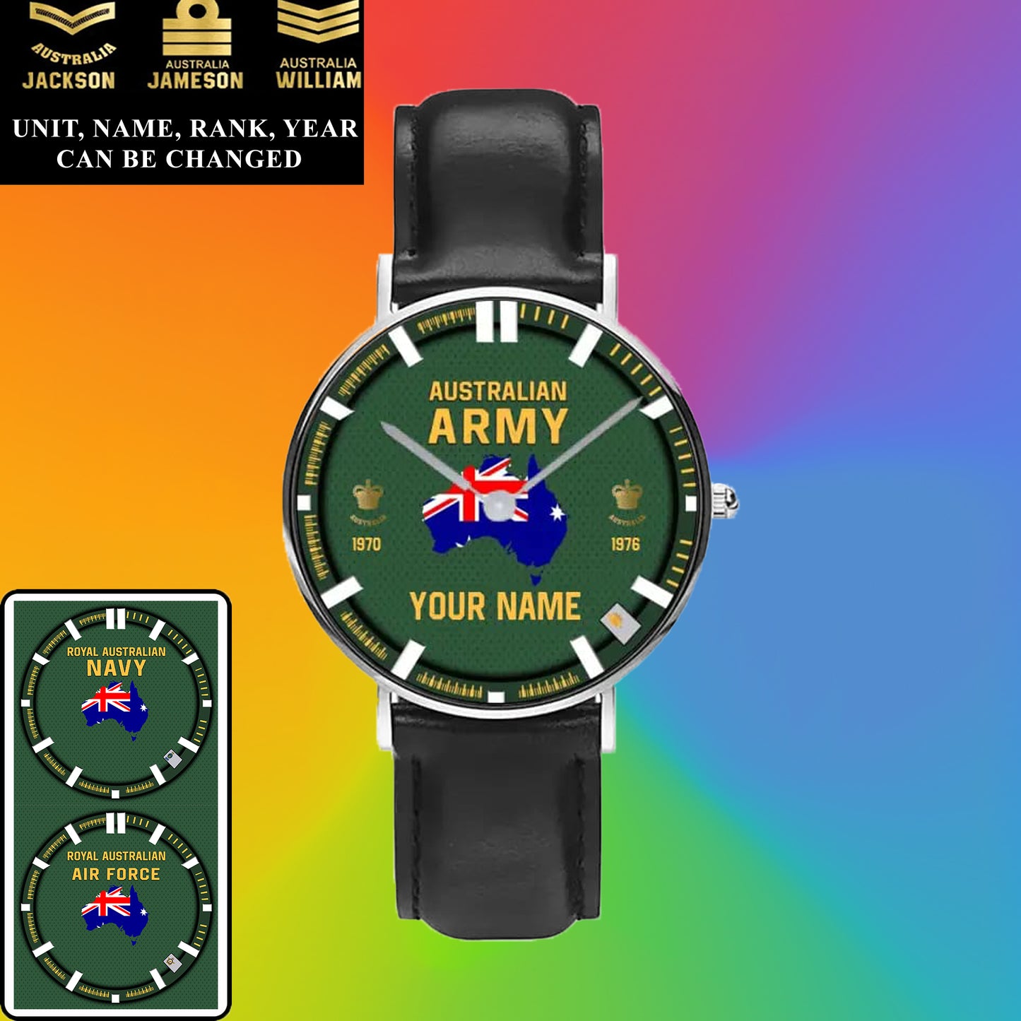 Personalisierte australische Soldat/Veteran mit Namen, Rang und Jahr, schwarze genähte Lederuhr – 17062402QA – goldene Version