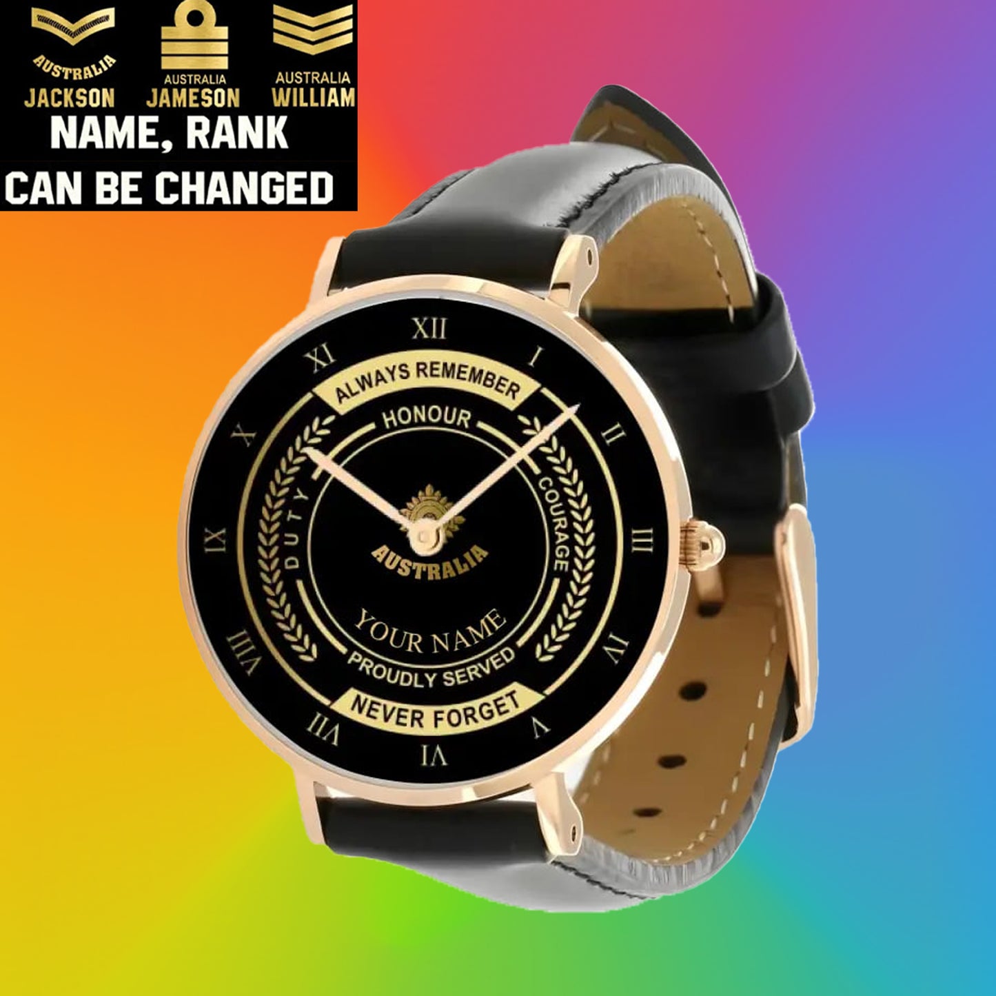 Personalisierte australische Soldat/Veteran mit Namen, Rang, schwarze genähte Lederuhr – 0603240002 – goldene Version