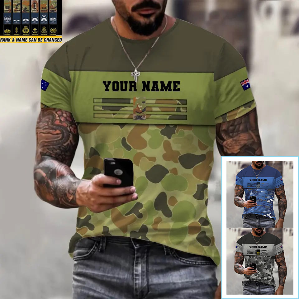 Personalisiertes T-Shirt mit australischem Soldaten-/Veteranen-Tarnmuster mit Namen und Rang, 3D-Druck – 1112230001QA