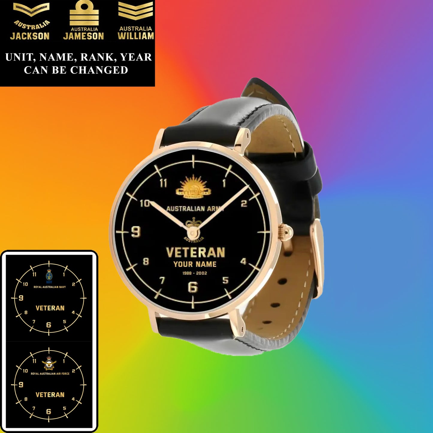 Montre personnalisée en cuir noir cousu pour soldat/vétéran australien avec nom, grade et année - 03052402QA - Version dorée