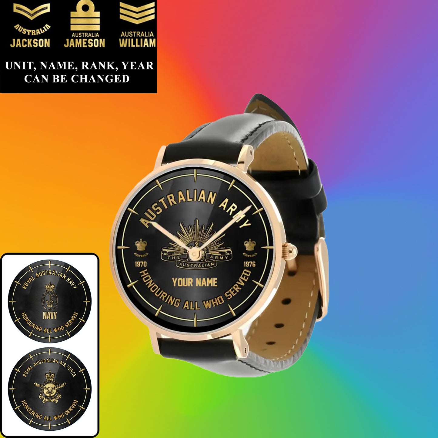 Montre personnalisée en cuir noir cousu pour soldat/vétéran australien avec nom, grade et année - 26042401QA - Version dorée