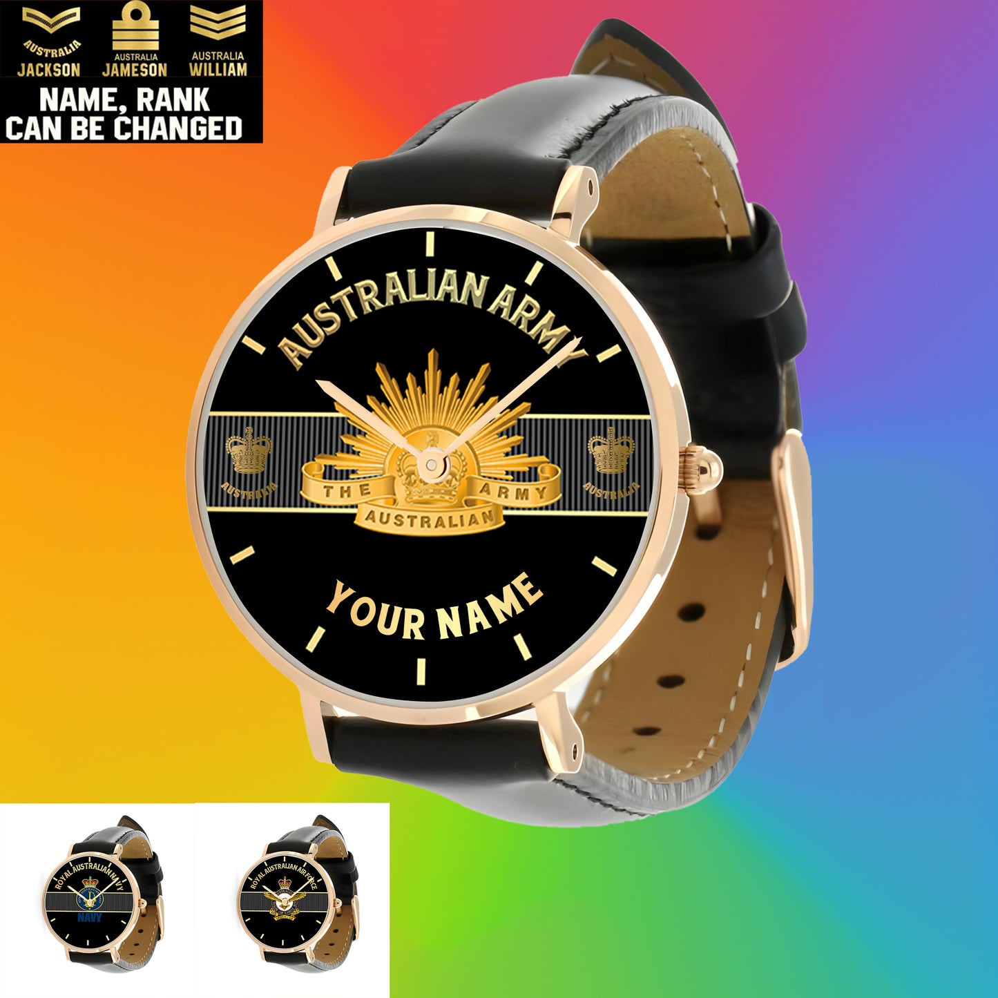 Montre personnalisée en cuir noir avec coutures noires pour soldat/vétéran australien avec nom et grade - 0703240001 - Version dorée