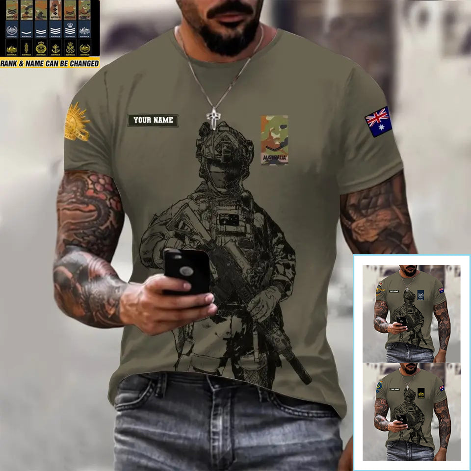 Personalisiertes T-Shirt mit australischem Soldaten-/Veteranen-Tarnmuster mit Namen und Rang, 3D-Druck – 17042401QA