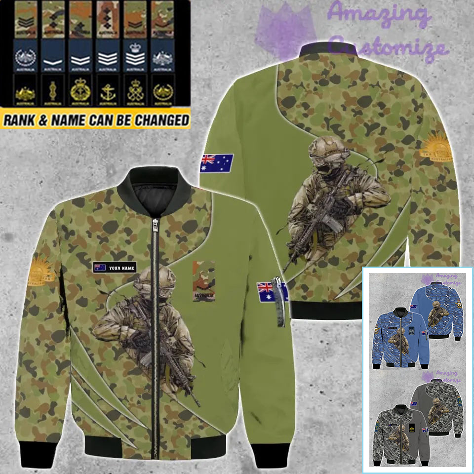 Veste de bombardier personnalisée avec camouflage soldat/vétéran australien avec nom et grade, imprimée en 3D - 150524QA