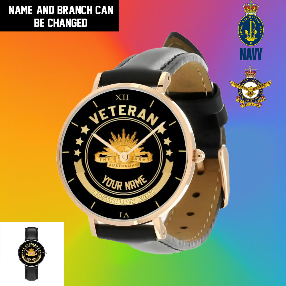 Personalisierte australische Soldat/Veteran mit Namen, schwarze genähte Lederuhr – 1103240001 – goldene Version