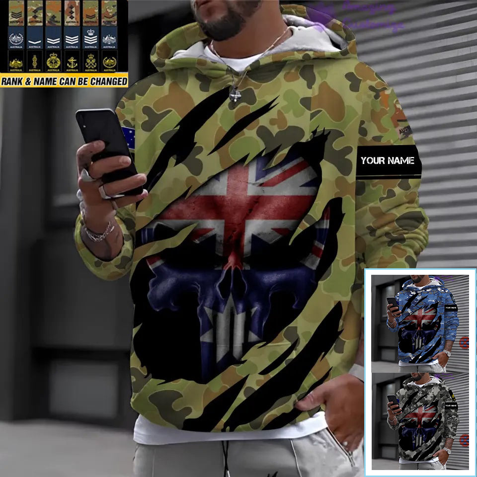 Sweat à capuche personnalisé avec camouflage soldat/vétéran australien avec nom et grade imprimé en 3D - 17125344