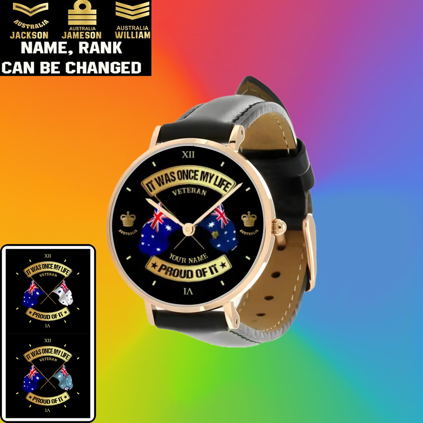 Personalisierte australische Soldat/Veteran mit Namen und Rang schwarze genähte Lederuhr – 03052401QA – goldene Version