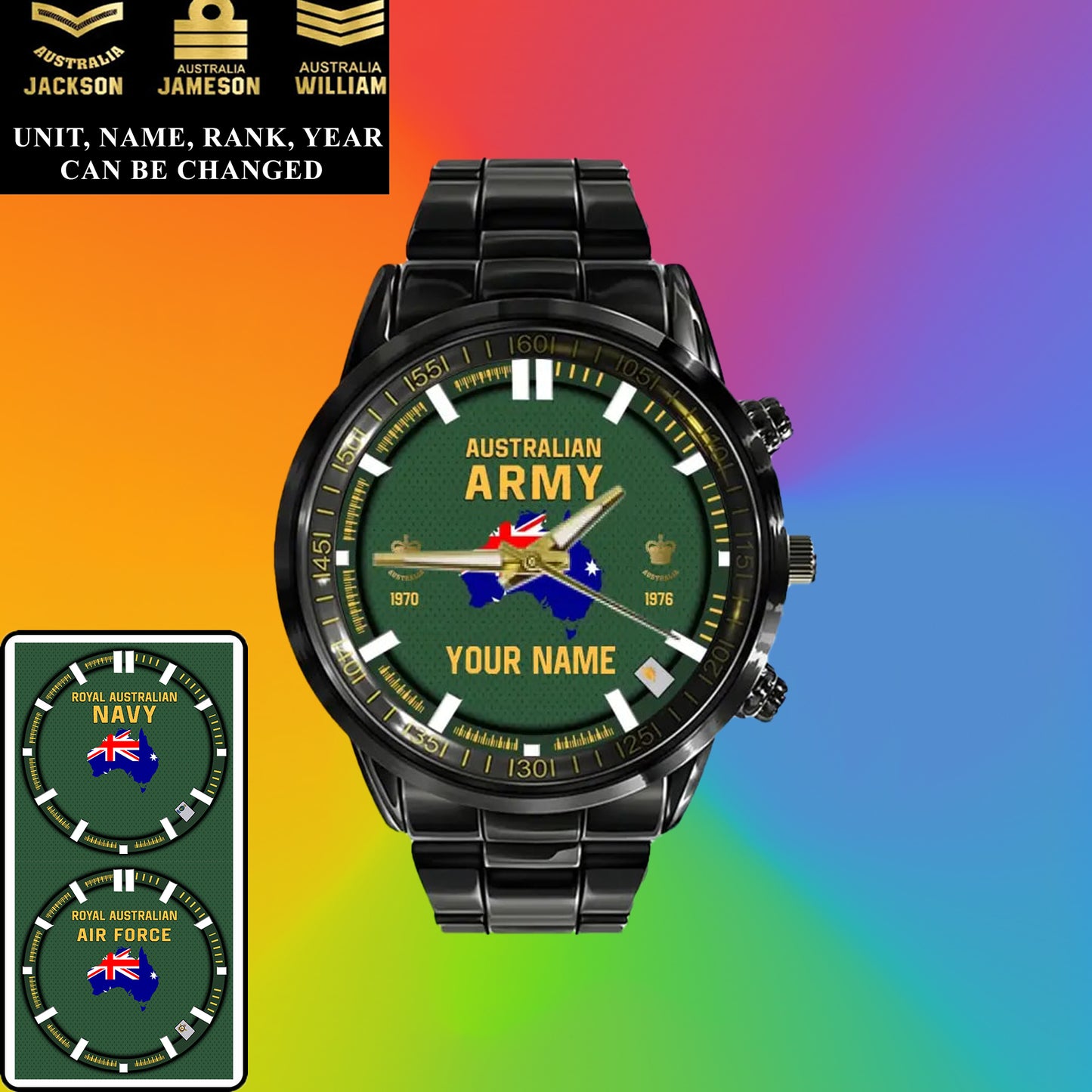 Montre personnalisée en acier inoxydable noir pour soldat/vétéran australien avec nom, grade et année - 17062402QA - Version dorée