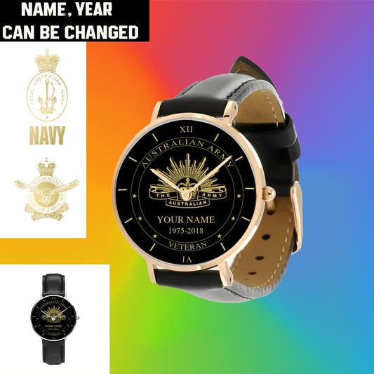 Personalized Australian Soldier/ Veteran With Name And Year Black Stitched Leather Watch - 17105472 - Gold Version