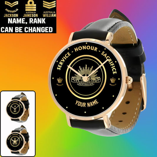 Personalisierte australische Soldat/Veteran mit Namen, Rang, schwarze genähte Lederuhr – 2603240001 – goldene Version