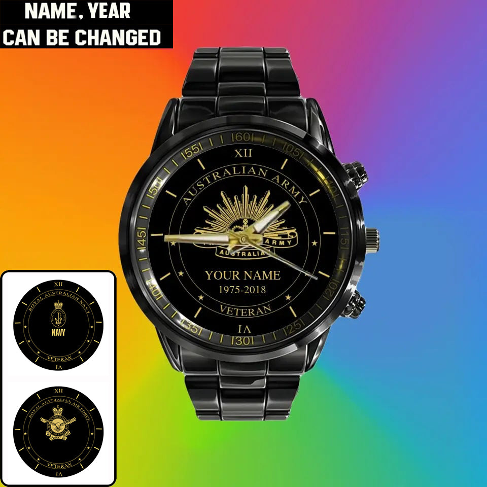 Personalized Australia Soldier/ Veteran With Name And Year Black Stainless Steel Watch - 1603240001 - Gold Version