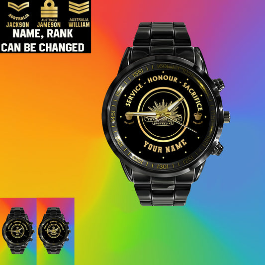 Personalized Australian Soldier/ Veteran With Name And Rank Black Stainless Steel Watch - 2603240001 - Gold Version