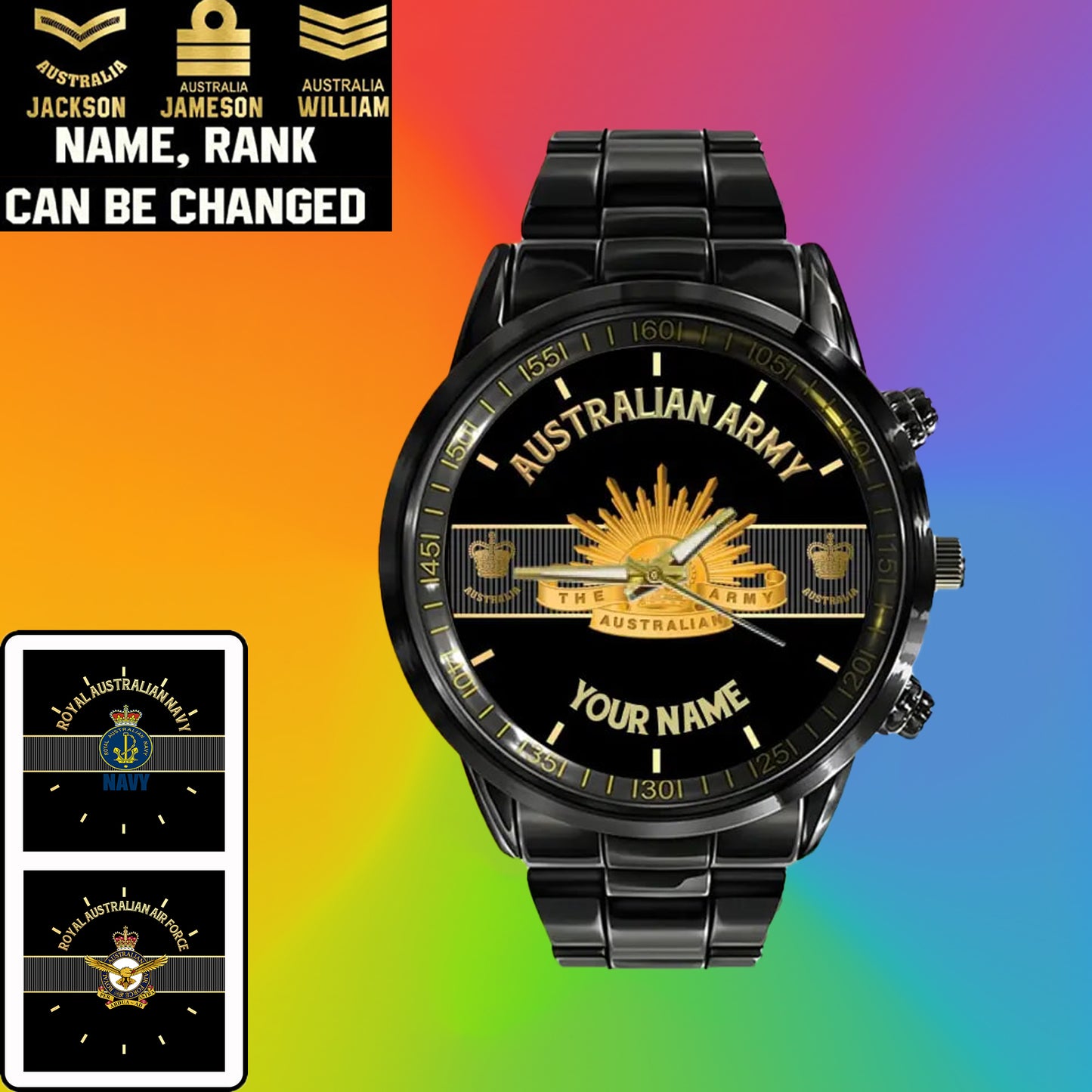 Personalisierte australische Soldat/Veteran mit Namen und Rang schwarze Edelstahluhr - 0703240001 - Goldversion