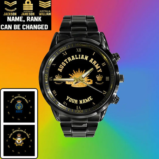 Personalisierte australische Soldat/Veteran mit Namen und Rang schwarze Edelstahluhr - 0803240001 - Goldversion