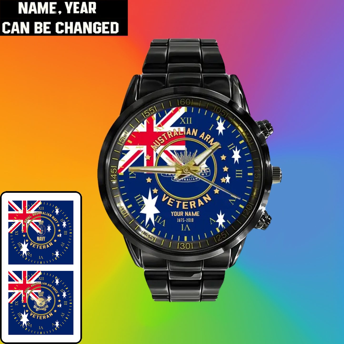 Personalisierte australische Soldat/Veteran mit Namen und Rang schwarze Edelstahluhr - 0204240001 - Goldversion