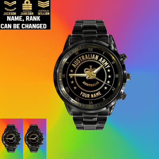 Personalized Australian Soldier/ Veteran With Name And Rank Black Stainless Steel Watch - 17108928 - Gold Version