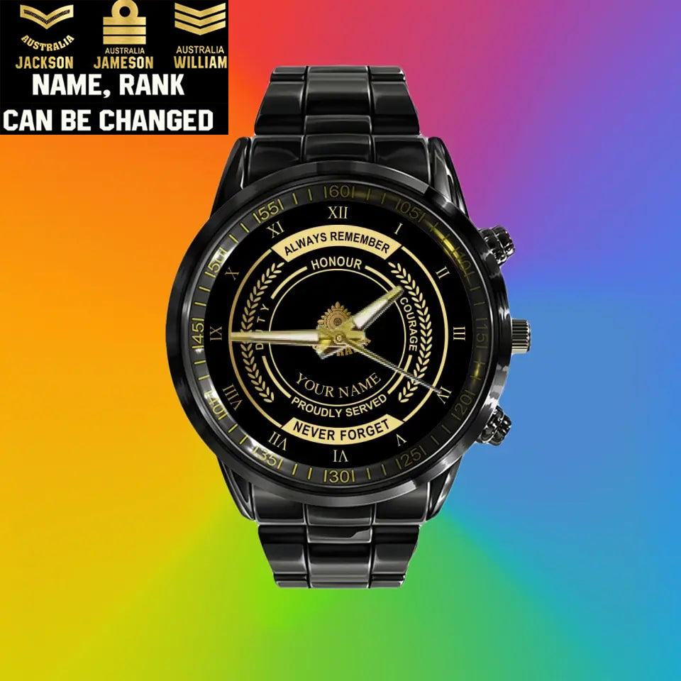 Personalized Australian Soldier/ Veteran With Name And Rank Black Stainless Steel Watch - 1709683201 - Gold Version