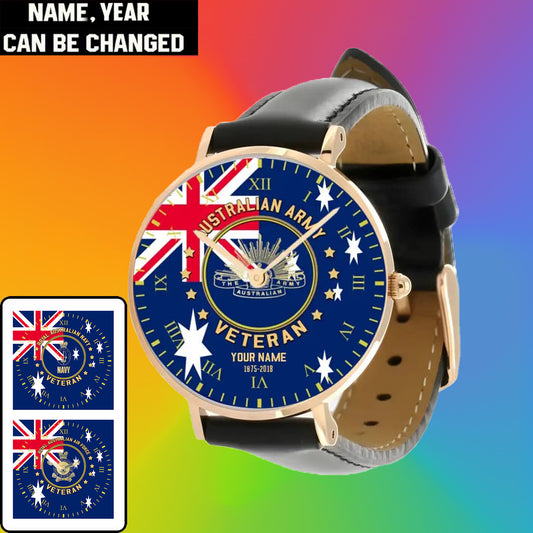 Montre personnalisée en cuir noir avec coutures noires pour soldat/vétéran australien avec nom et année - 0204240001 - Version dorée