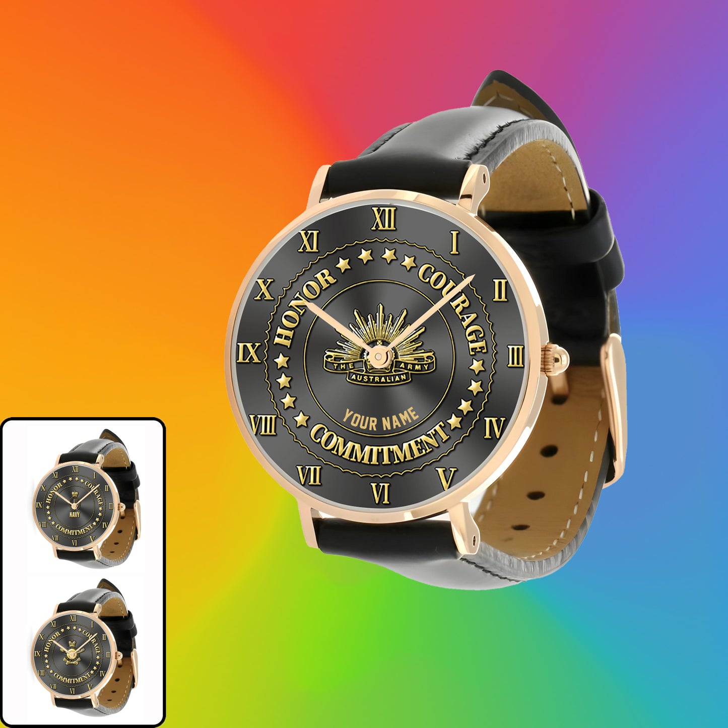 Personalisierte australische Soldat/Veteran mit Namen, schwarze genähte Lederuhr – 2203240001 – goldene Version