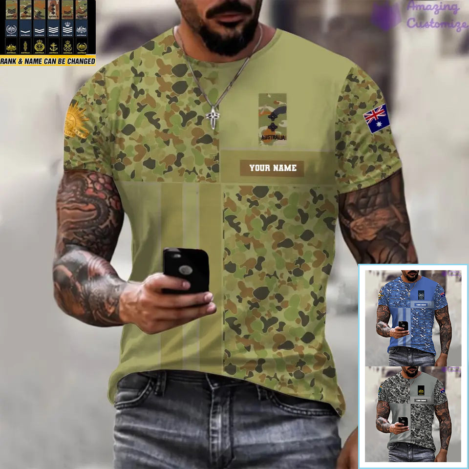 T-shirt personnalisé avec camouflage soldat/vétéran australien imprimé avec nom et grade - 07052401QA