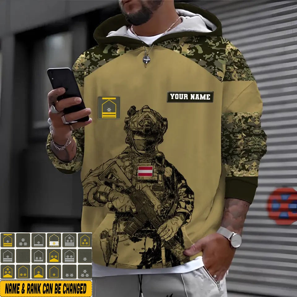 Sweat à capuche personnalisé avec camouflage soldat/vétéran autrichien avec nom et grade imprimé en 3D - 1212230001