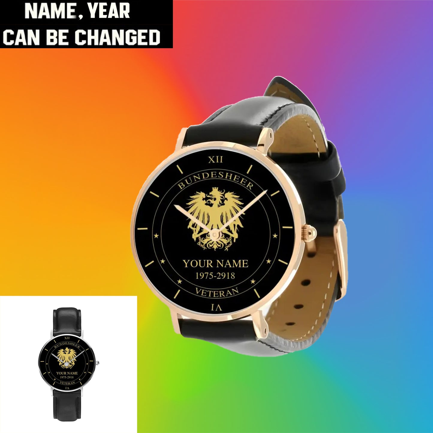 Personalized Austrian Soldier/ Veteran With Name And Year Black Stitched Leather Watch - 1603240001 - Gold Version