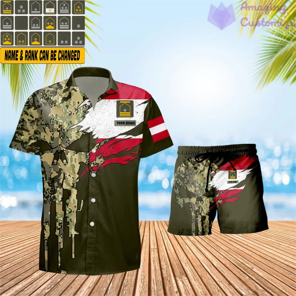 T-shirt Hawaï personnalisé avec camouflage soldat/vétéran autrichien et combo de grade + short imprimé en 3D - 0311230001QA