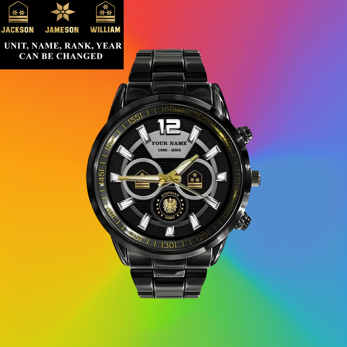 Montre personnalisée en acier inoxydable noir pour soldat/vétéran autrichien avec nom, grade et année - 27042401QA - Version dorée