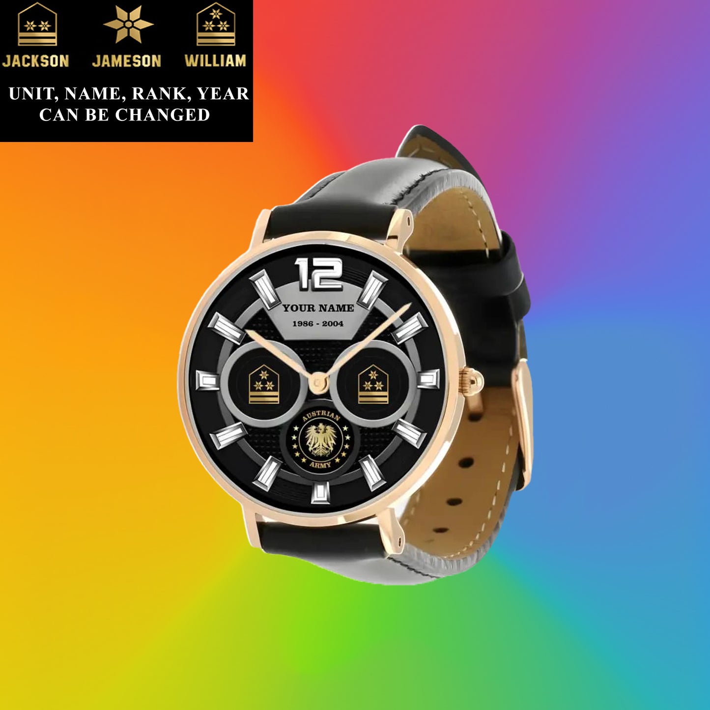 Montre personnalisée en cuir noir avec coutures noires pour soldat/vétéran autrichien avec nom, grade et année - 27042401QA - Version dorée