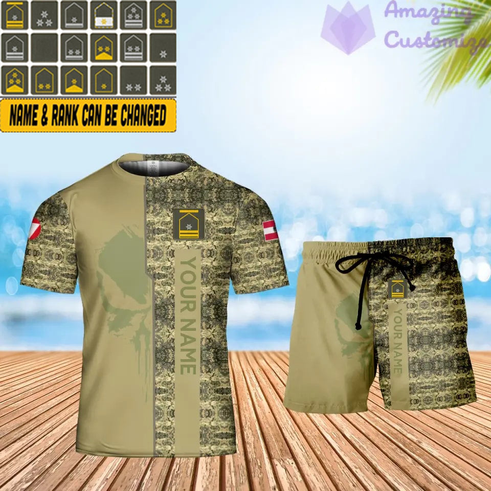 Personalisiertes österreichisches Soldaten-/Veteranen-Tarnmuster mit Namen und Rang, Kombi-T-Shirt + Shorts, 3D-Druck -10052401QA