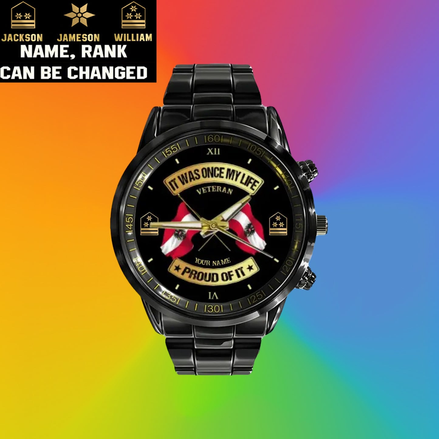 Personalisierte österreichische Soldat/Veteran mit Namen und Rang schwarze Edelstahluhr - 03052401QA - Goldversion