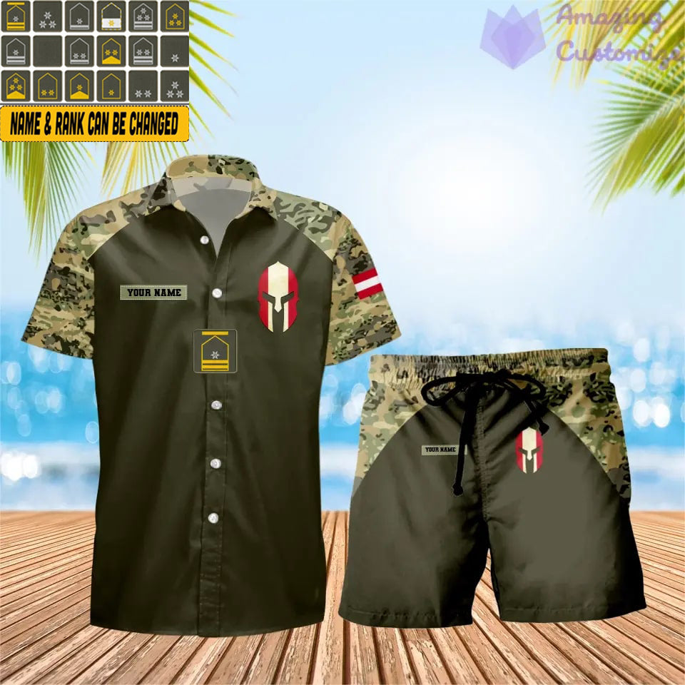 T-shirt Hawaï personnalisé avec camouflage soldat/vétéran autrichien et combo de grade + short imprimé en 3D - 1010230001QA