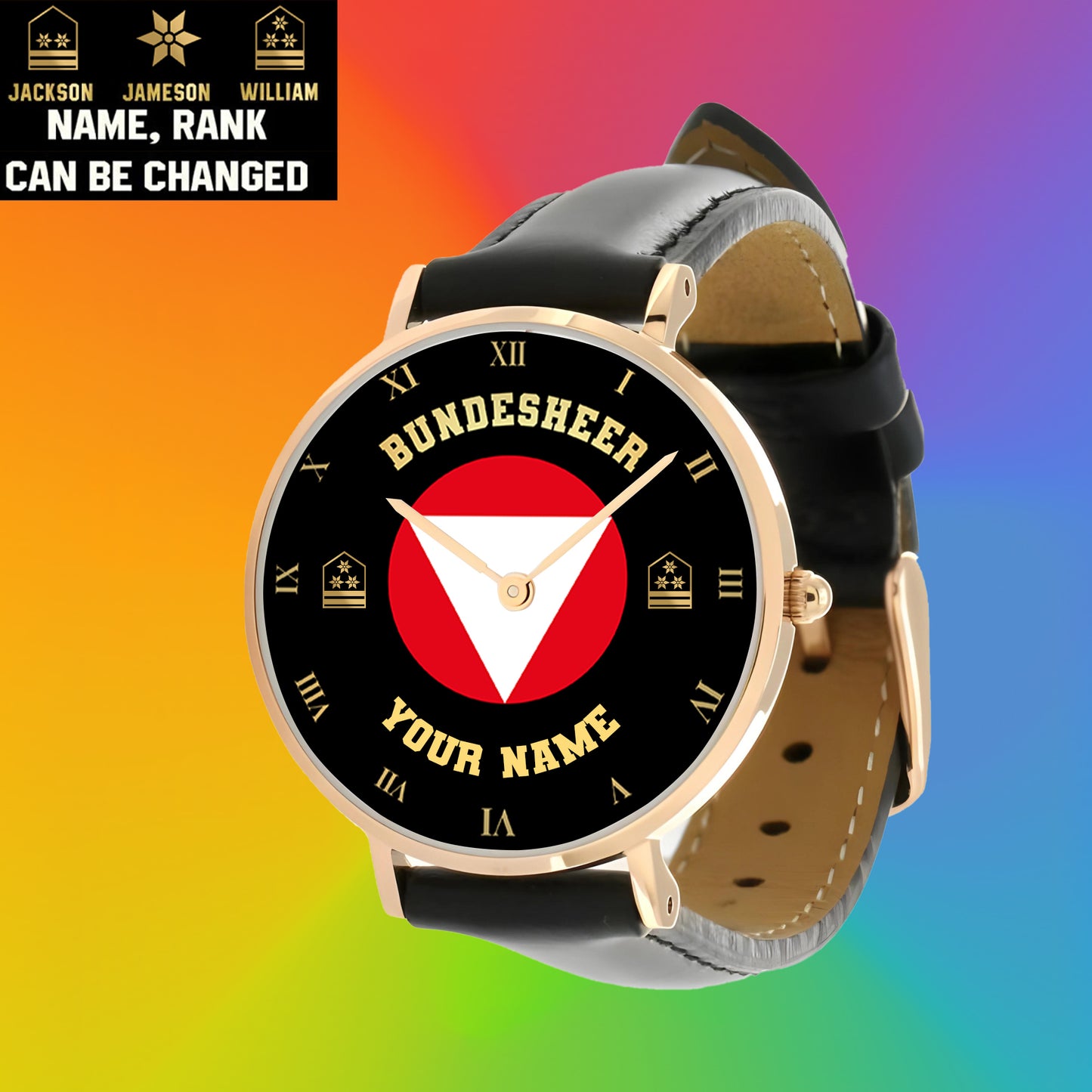 Personalisierte österreichische Soldat/Veteran mit Namen und Rang schwarze genähte Lederuhr - 0803240001 - Goldversion