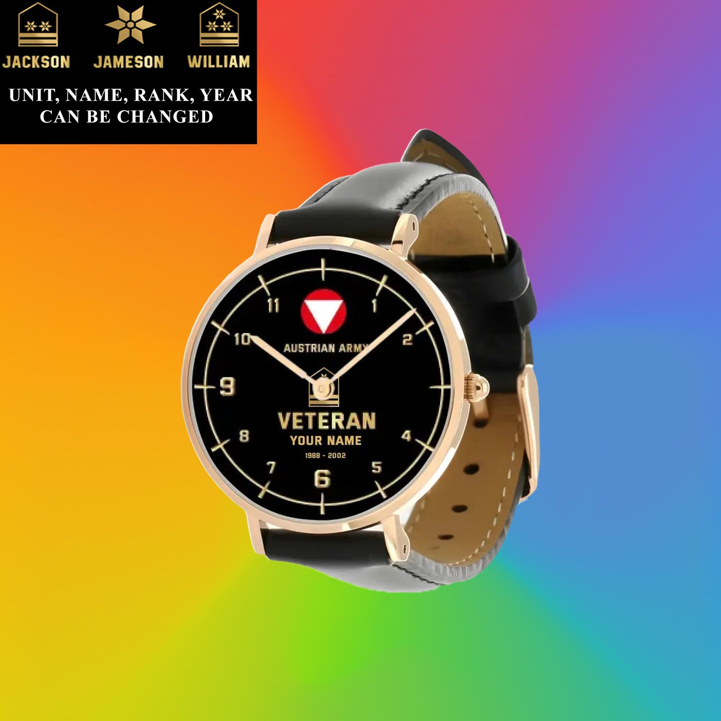 Montre personnalisée en cuir noir avec coutures noires pour soldat/vétéran autrichien avec nom, grade et année - 03052402QA - Version dorée