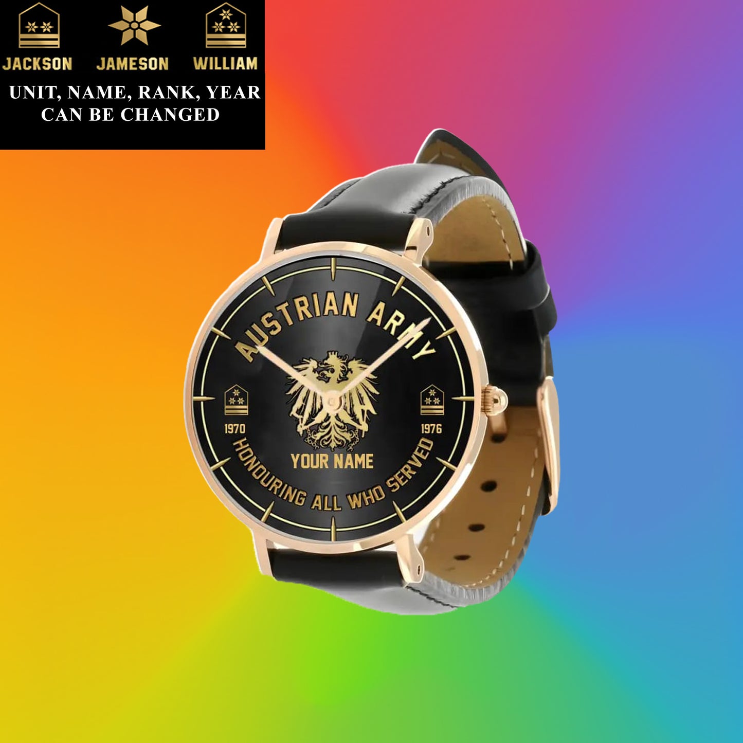 Montre personnalisée en cuir noir avec coutures noires pour soldat/vétéran autrichien avec nom, grade et année - 26042401QA - Version dorée