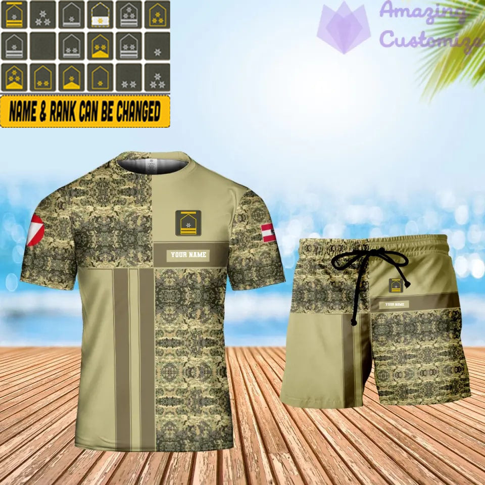 Personalisiertes österreichisches Soldaten-/Veteranen-Tarnmuster mit Namen und Rang, Kombi-T-Shirt + Shorts, 3D-Druck -07052401QA