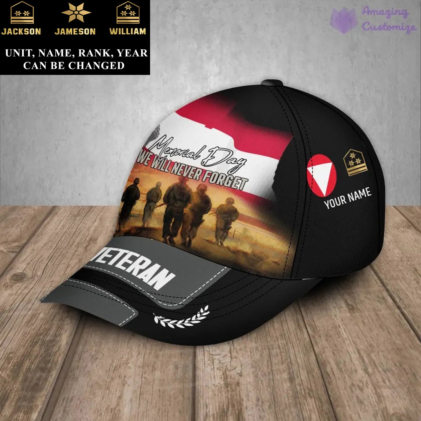 Casquette de baseball personnalisée avec grade, année et nom pour soldat/vétéran autrichien - 20062401QA