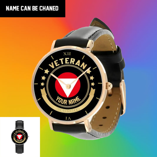 Personalisierte österreichische Soldat/Veteran mit Namen schwarze genähte Lederuhr - 1103240001 - Goldversion