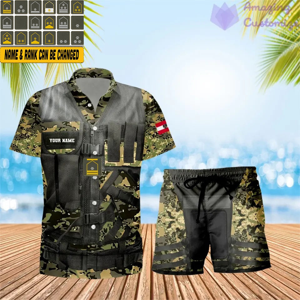 Personalisiertes österreichisches Soldaten-/Veteranen-Tarnmuster mit Rangkombination Hawaiihemd + Shorts 3D-Druck – 22042401QA