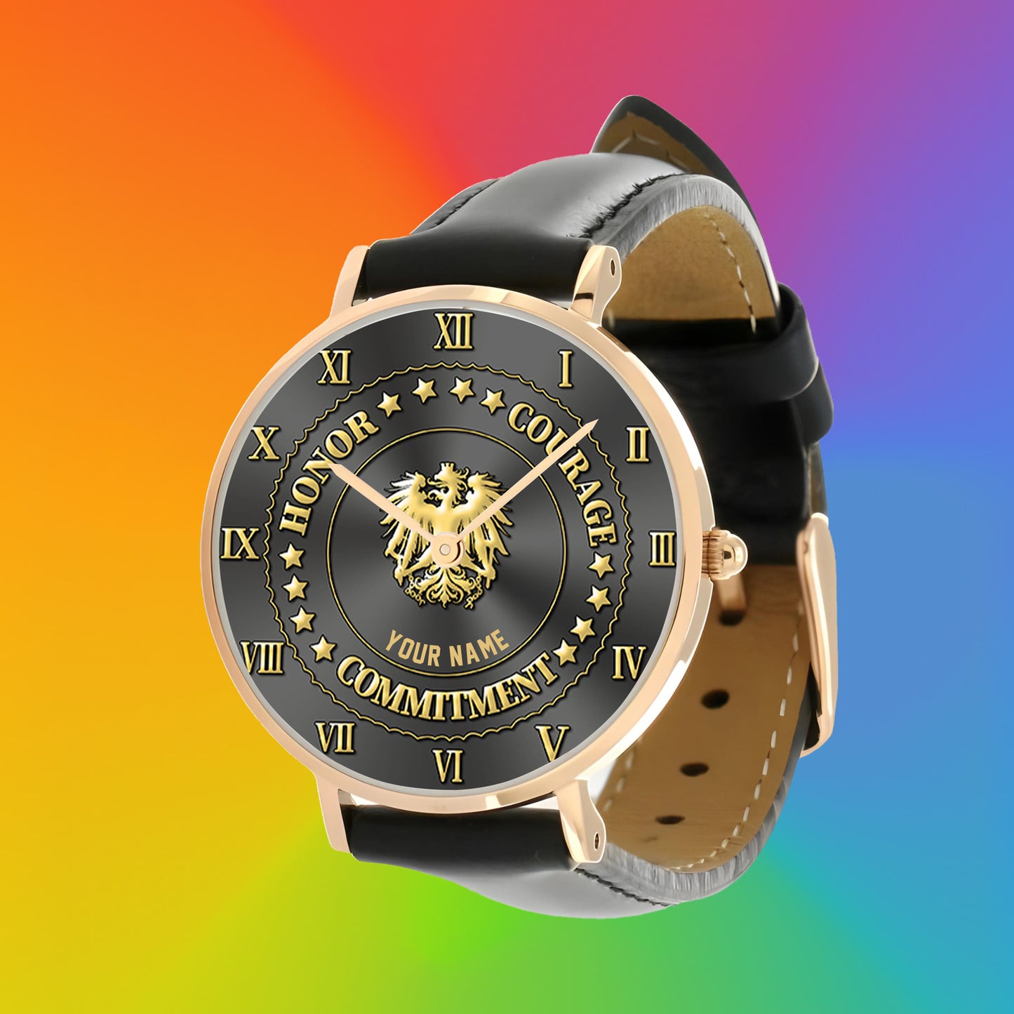 Montre personnalisée en cuir noir avec coutures noires pour soldat/vétéran autrichien - 2203240001 - Version dorée