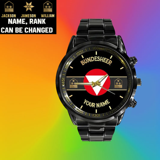 Personalized Austrian Soldier/ Veteran With Name And Rank Black Stainless Steel Watch - 0703240001 - Gold Version