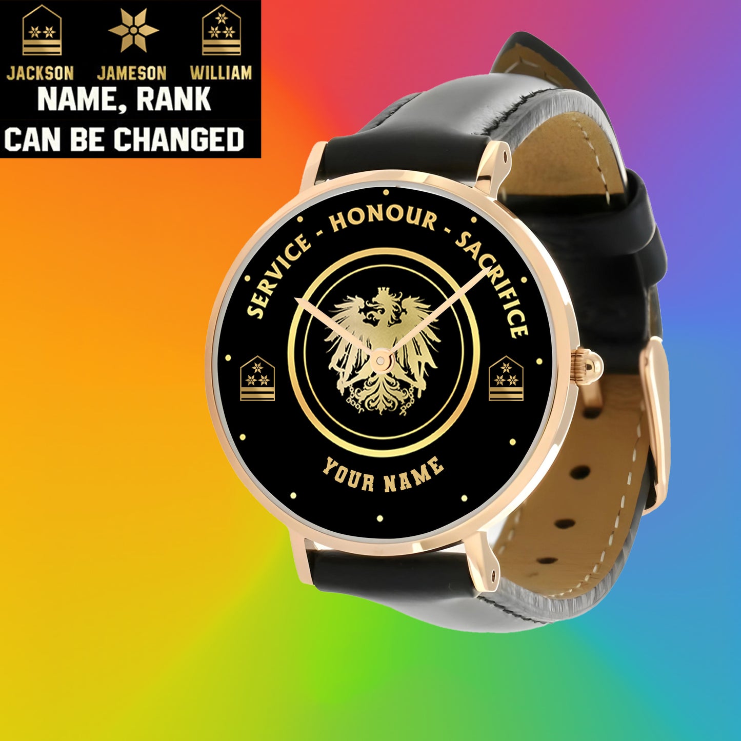 Montre personnalisée en cuir noir cousu pour soldat/vétéran autrichien avec nom et grade - 2603240001 - Version dorée