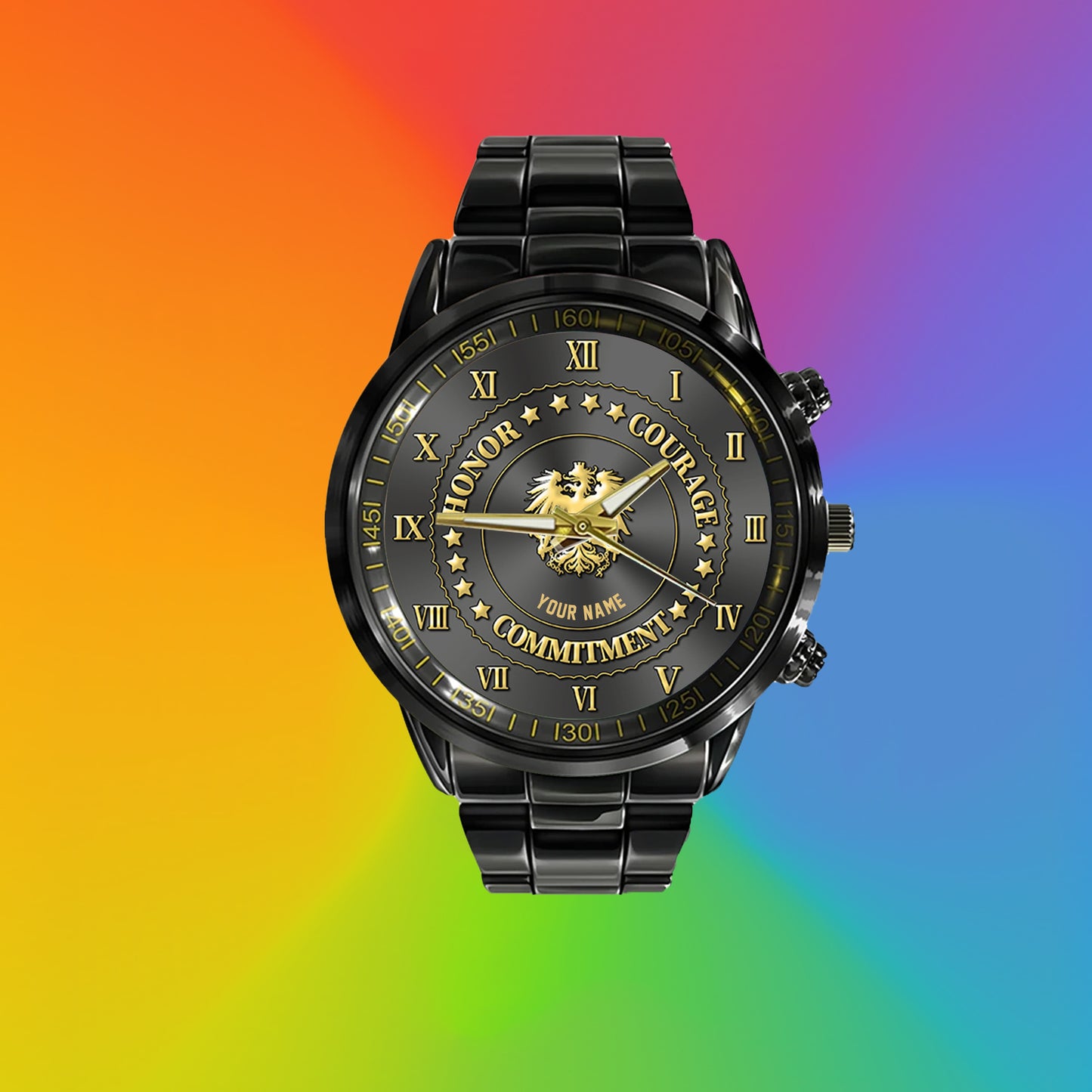 Personalized Austrian Soldier/ Veteran With Name Black Stainless Steel Watch - 2203240001 - Gold Version