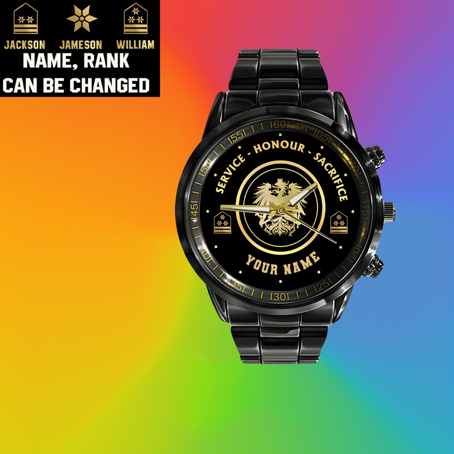 Personalisierte österreichische Soldat/Veteran mit Namen und Rang schwarze Edelstahluhr - 2603240001 - Goldversion