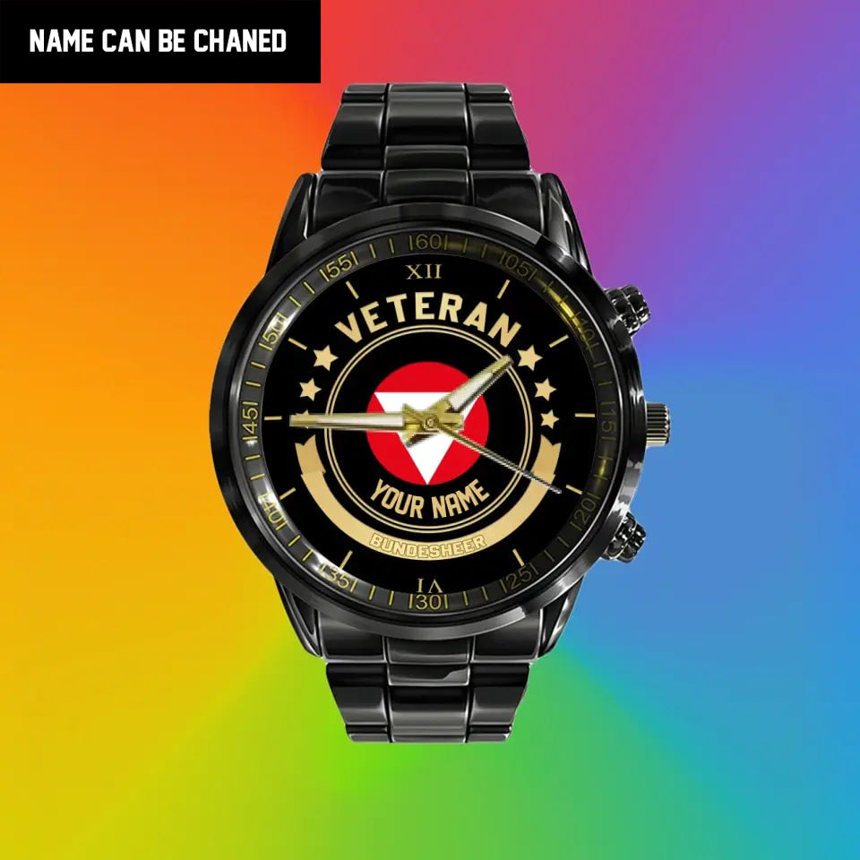 Personalisierte österreichische Soldat/Veteran mit Namen Schwarze Edelstahluhr - 1103240001 - Goldversion