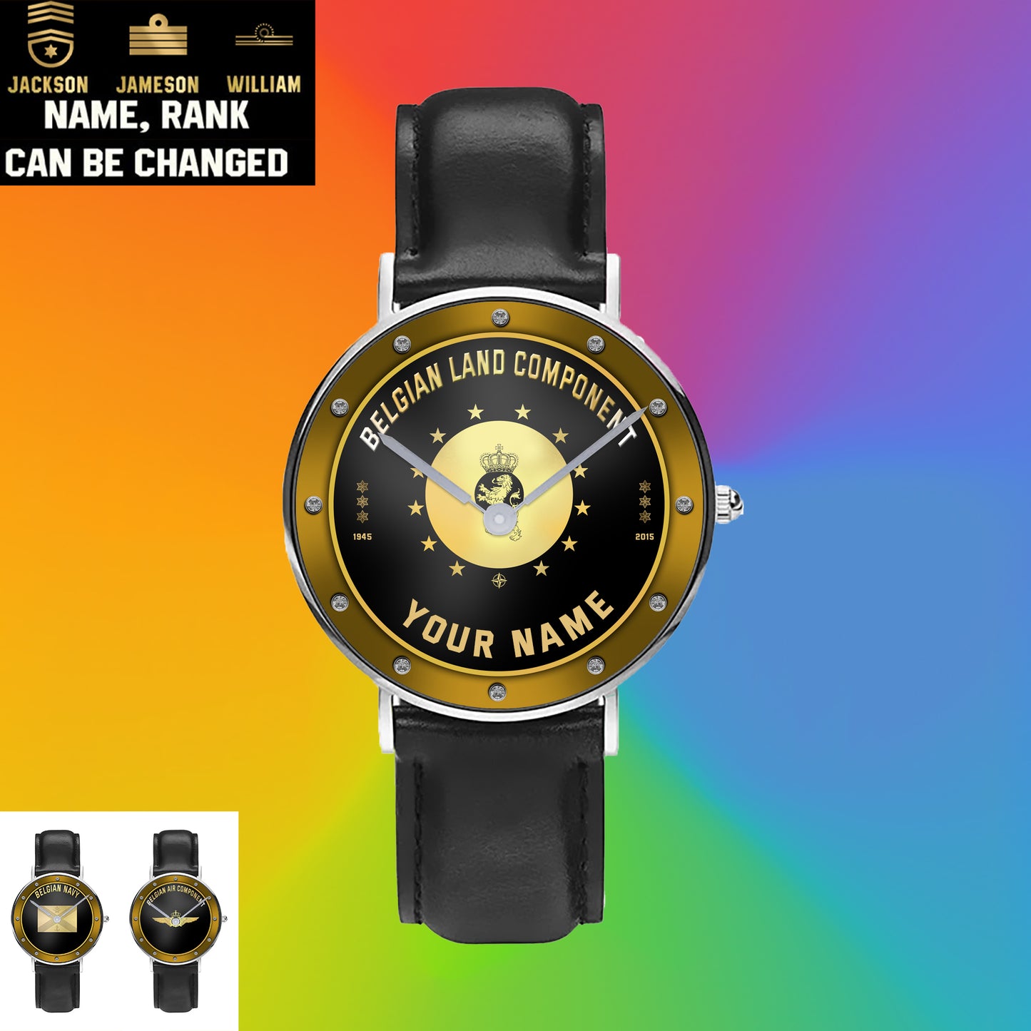 Personalized Belgium Soldier/ Veteran With Name, Rank And Year Black Stitched Leather Watch - 1803240001 - Gold Version