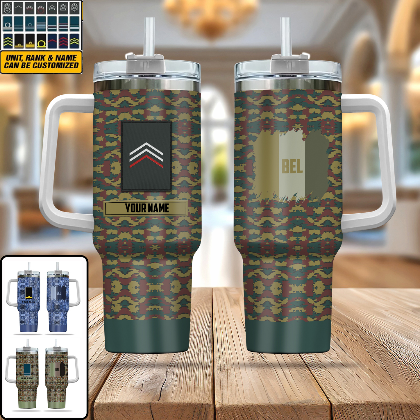 Soldat belge/vétéran personnalisé avec camouflage et nom et grade, verre de 40 oz imprimé en 3D - 2401240001