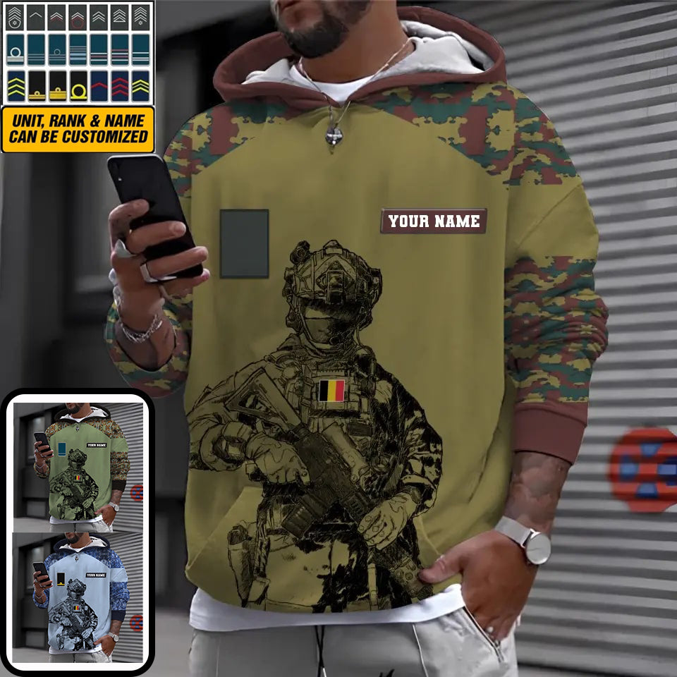 Sweat à capuche personnalisé avec camouflage soldat/vétéran belge avec nom et grade imprimé en 3D - 17023392