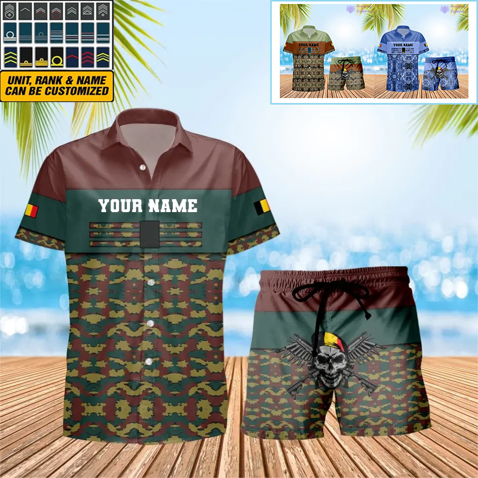 Personalisierter belgischer Soldat/Veteran, Camouflage mit Rangkombination, Hawaiihemd + Shorts, 3D-Druck – 1201240001QA