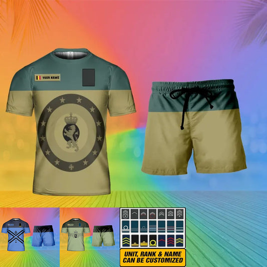 Personalisierter belgischer Soldat/Veteran, Camouflage, mit Namen und Rang, Kombi-T-Shirt + Short, 3D-Druck – 15Mar2401